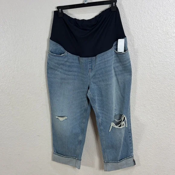Isabel Vintage Maternity Distressed Blue Denim Capri Jeans with Panel,Size 16. - Picture 5 of 14